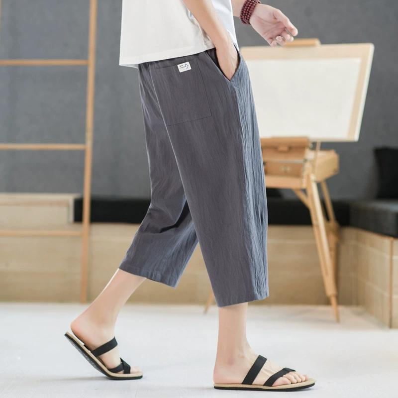 Shorts Men's Summer Outerwear Thin Cotton Straight Leg Knee High Mid Length Pants Trendy Loose Linen Casual Cropped Pants