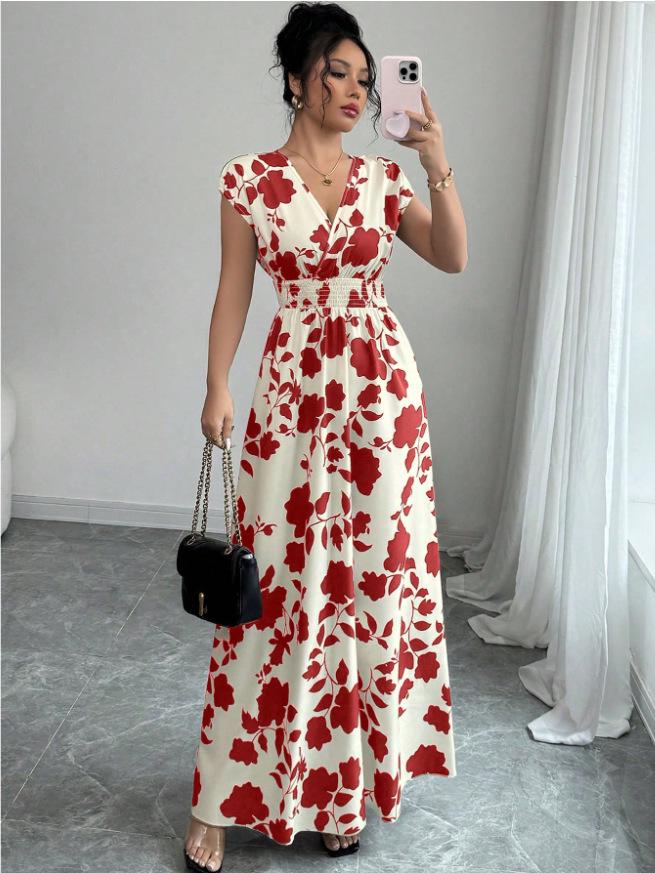 Europäisches und Amerikanisches V-Ausschnitt Taillenbetontes Kurzarmkleid - Frühling/Sommer Druck Langes Kleid für Damen