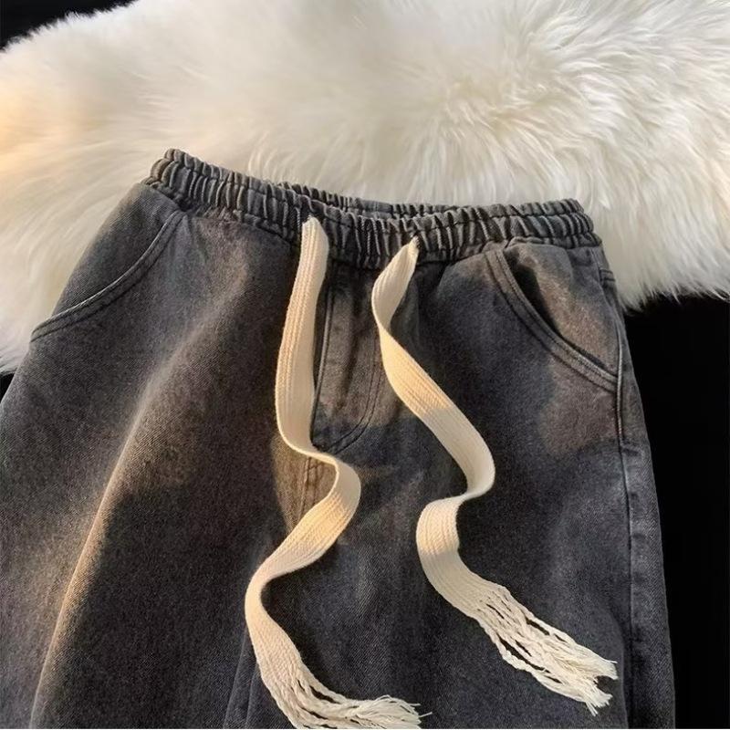 Elastic Waist Denim Trousers Men's Elastic Drawstring Denim Shorts with Pockets Casual Summer Beach Shorts Quick-drying for Men