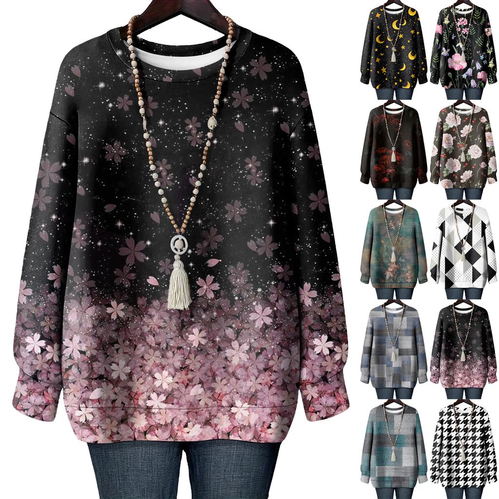 Women's Floral Print Round Neck Long Sleeved T-shirt Sweatshirt Top