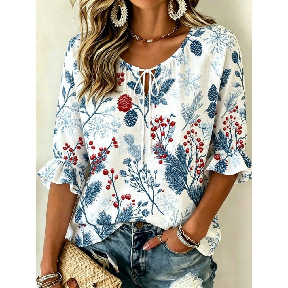 Women's Ditsy Daisy Floral Print Tie Neck Blouse, Ruffle Half Sleeve Light