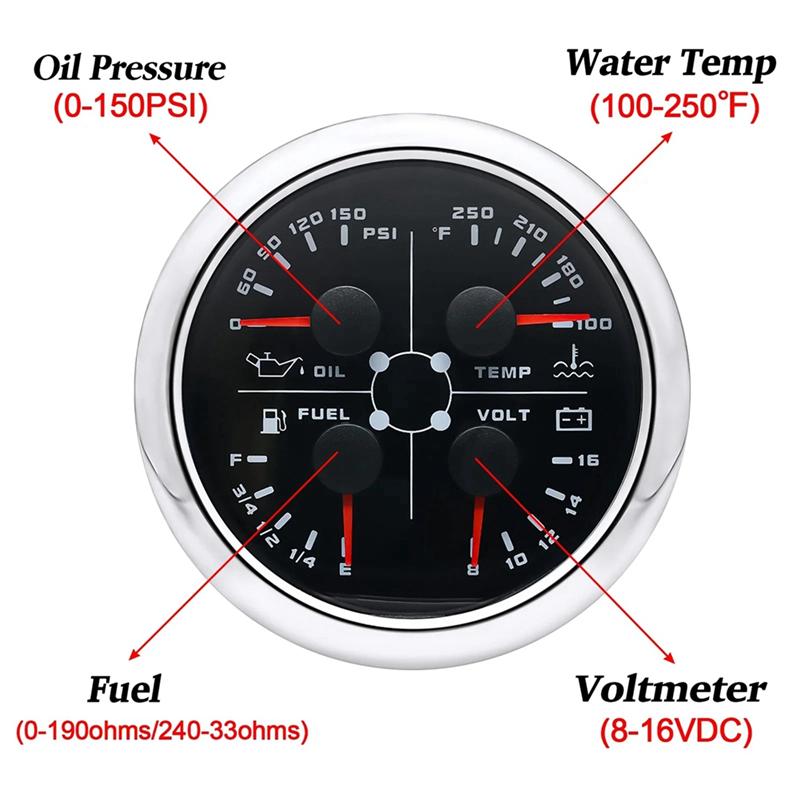 

NEW-85Mm 4-In-1 Multifunction Gauge With 0-190Ohms/240-33Ohms Fuel Level Gauge Water Temp Oil Press Voltmeter