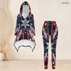 Women Plus Size Two Piece Set Hooded Long Sleeve High Low Top Tropical Leaf Printed Fitted Pants