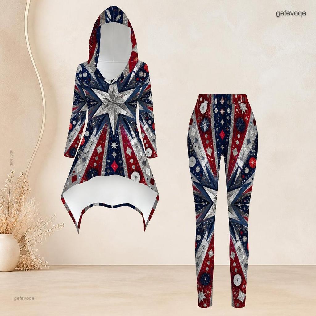 Women Plus Size Two Piece Set Hooded Long Sleeve High Low Top Tropical Leaf Printed Fitted Pants