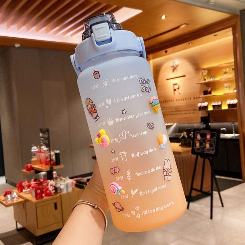 2000ml Large Capacity Drinking Bottle Sports Mug With Straw And Stickers For Outdoor Use
