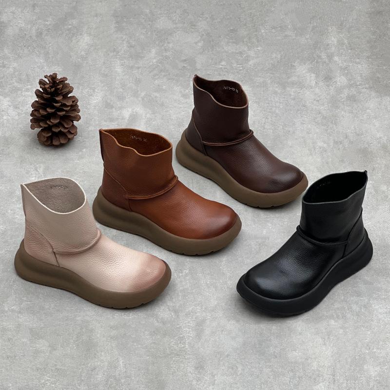 Women's Shoes: Thick-soled Anti-slip Women's Boots, Soft Leather Round-toe Casual Boots