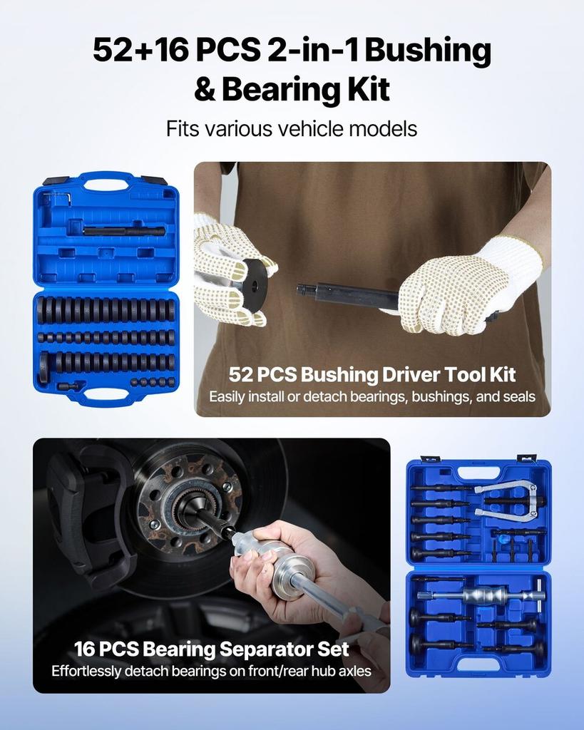 Bearing Press Kit, 52+16 Pcs, 2 in 1 Bushing Driver Tool & Bearing Press Kit, Race and Seal Driver Set with 49 Bushings, 10 Collets, Slide Hammer,