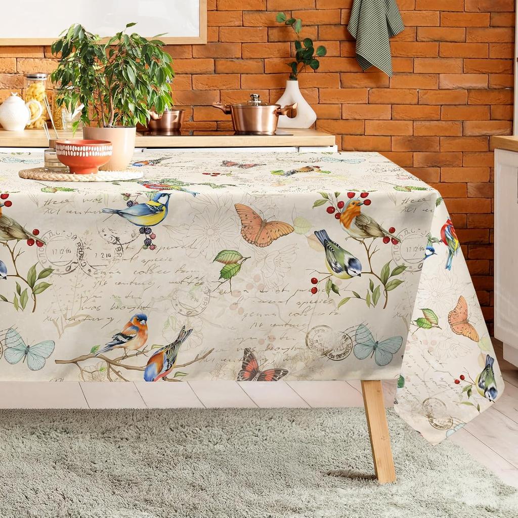 Vintage Flowers Birds  Butterfly Waterproof Tablecloth for Table Decor Washable Kitchen Dining Tablecloth Wedding Decorations