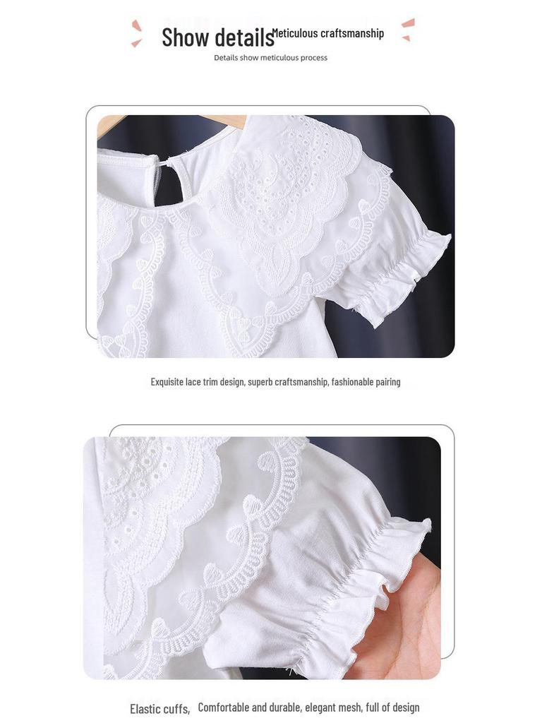 Premium Mädchen Weißes Spitzenkragen Baumwoll-T-Shirt - Sommer Kurzarm für Kinder