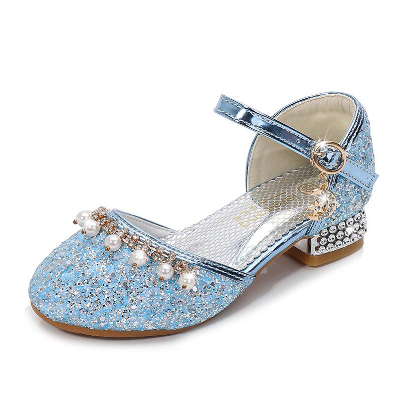 

Children s crystal shoes, soft-soled leather shoes, stylish high-heeled shoes for little girls, fashionable new princess sandals for girls 25 синий