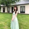 Romantic Mori French long dress waist holiday thin gradual change gentle dress fairy mint new temperament skirt