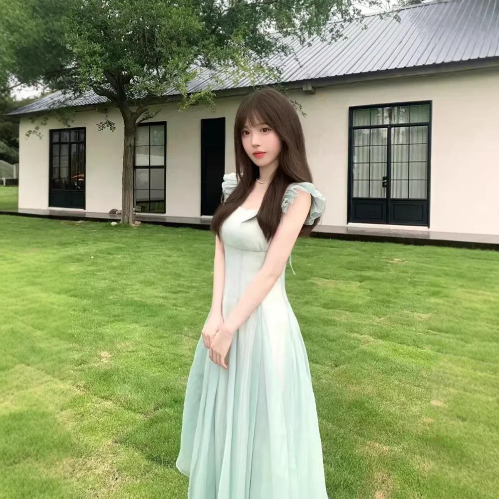 Romantic Mori French long dress waist holiday thin gradual change gentle dress fairy mint new temperament skirt