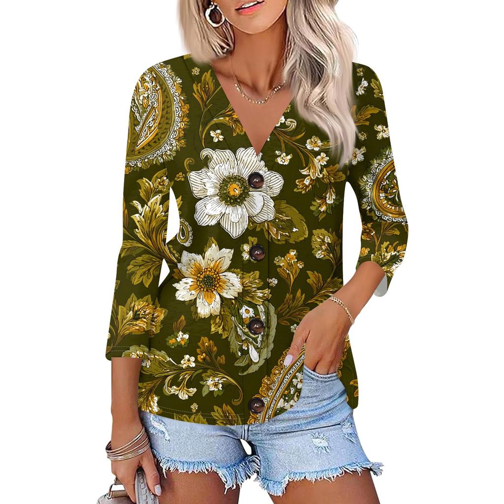 Women's Casual Fashion Floral Print Three-quarter Sleeve Button Cardigan Top