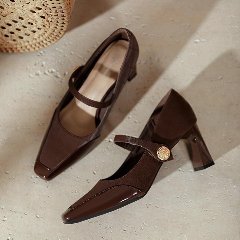 

Туфли Мэри Джейн ремешок на одно слово высокий каблук толстый каблук красные свадебные туфли новые туфли с квадратным носком 40 коричневый