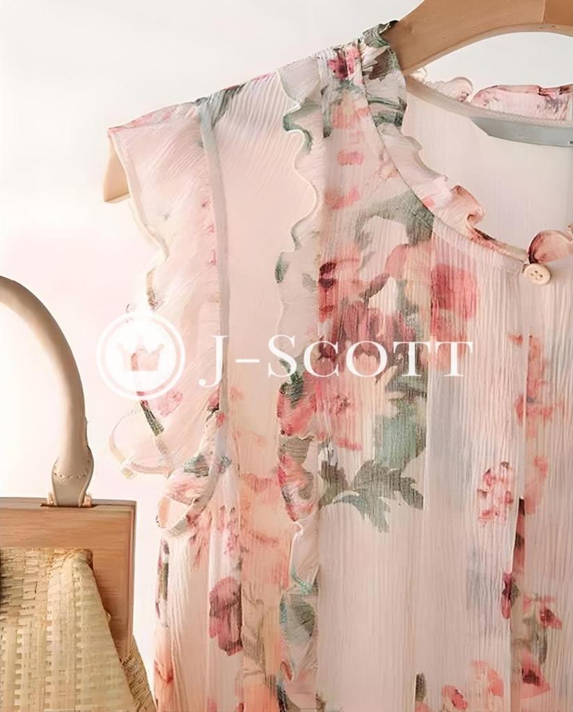 Ruffle Blouse Chiffon Front Button Slit Neck Ruffle Sleeves Sleeveless Cool Summer Adult Casual Ladies Summer Blouse Trend Sleeveless Plain Urban