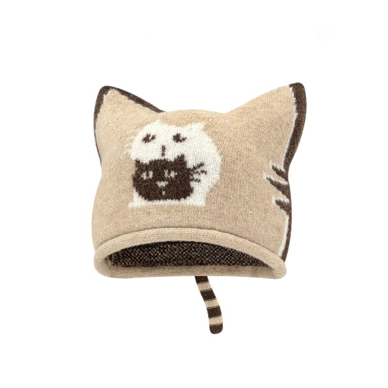 Korean retro jacquard gray cat knitted hat women's autumn and winter 2025 new face small wool hat bag head hat