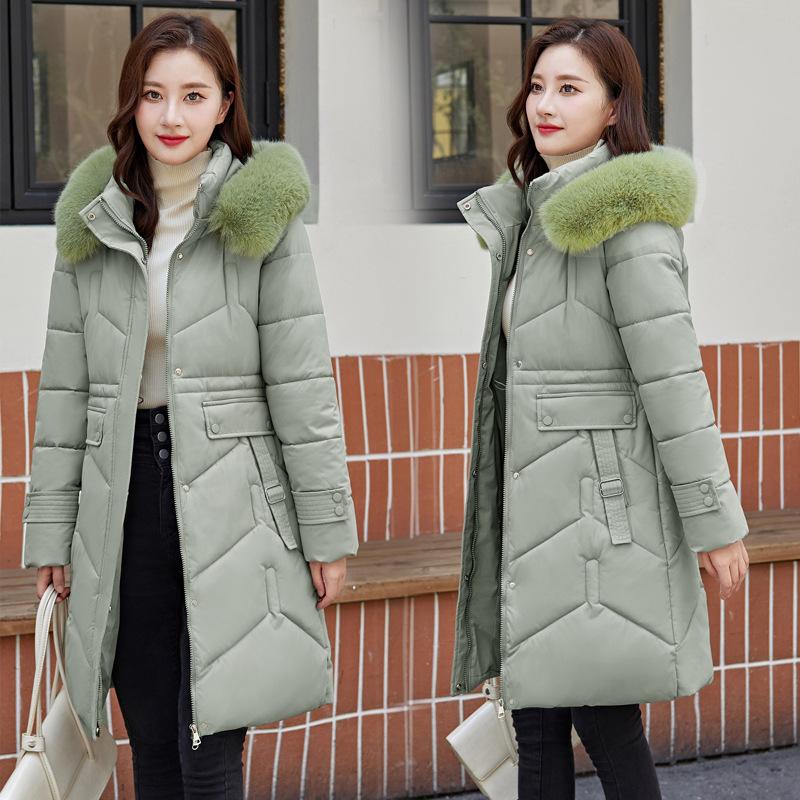 Damen mittellange und lange Baumwollkleidung mit Pelzkragen schlankes Temperament Winter neue Daunen-Baumwollpolsterkleidung warme Damenjacke