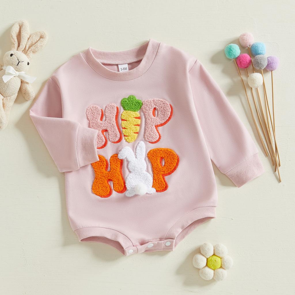 Baby Girls Romper, Long Sleeve Crew Neck Embroidery Carrot Rabbits Letters Fall Bodysuit Easter Clothes
