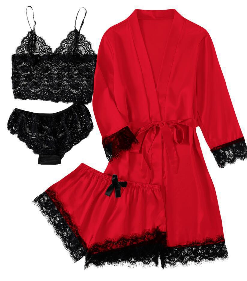 

2025 Европейский и американский женский сексуальный кружевной пижамный комплект - 4 предмета домашней одежды с майкой и платьем. XL ярко-красный