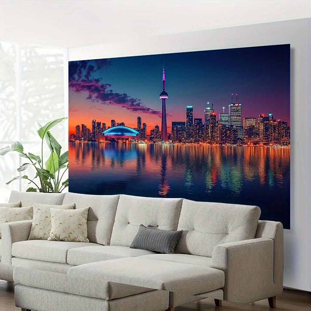 Toronto Skyline Tapestry Wall Hanging, Cn Tower And Rogers Centre At Sunset, City Night View Decor For Living Room Bedroom