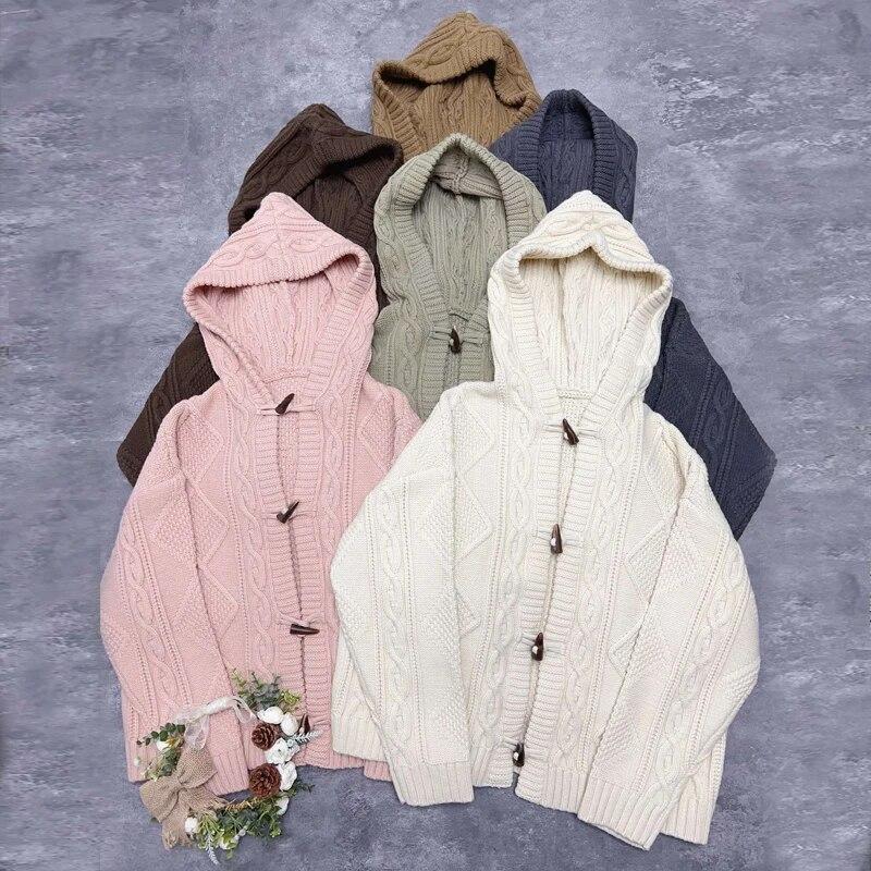 

Johnature Повседневный японский кардиган с коровьим рогом и пуговицами с капюшоном, женские пальто, толстый свитер, пальто, осень-зима, вязаные куртки