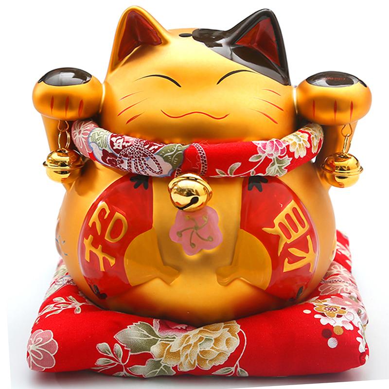 6 inch Golden Ceramic Maneki Neko Statue Lucky Cat Money Box Feng Shui Figurine Home Decor Ornament