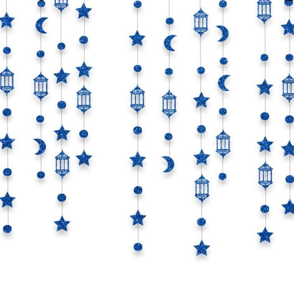 Gold Silver Eid Mubarak Banners DIY Paper Glitter Paper Ramadan Kareem Decor Pull Flag Ceiling Hanging Star Moon Lantern