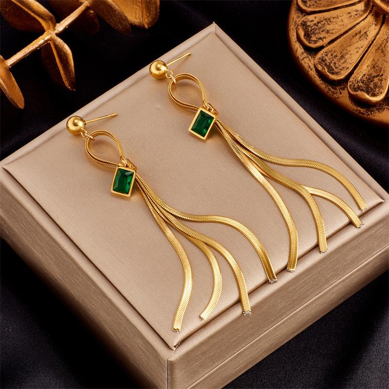 [Titanium Steel Square Green Diamond Long Tassel Earrings Simple Vintage Drop Versatile Earrings] золотой