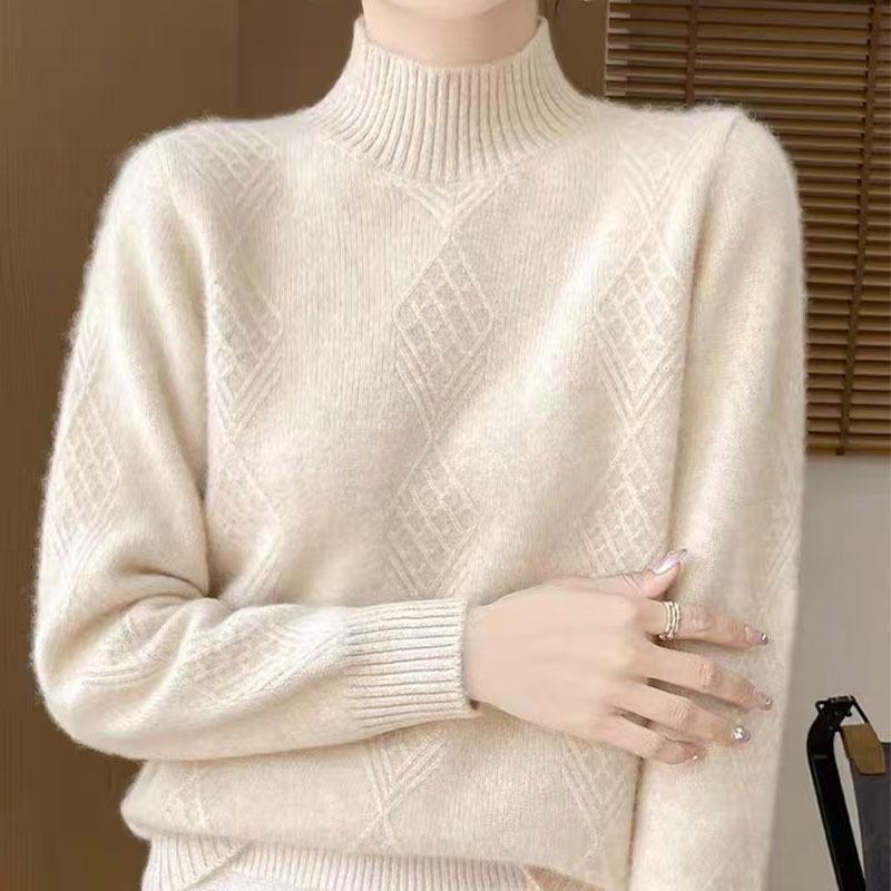 Half High Collar Jacquard Knitted Sweater Women's Autumn and Winter Solid Color Knitted Sweater Long Sleeved Loose Thick Pullover