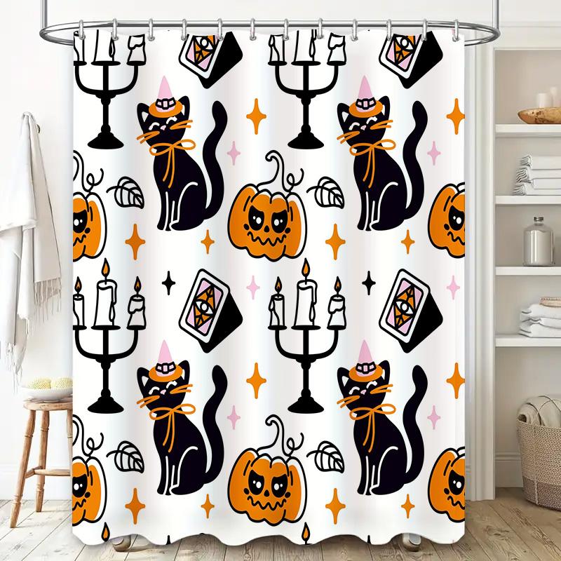 Halloween-themed shower curtain featuring cute black cats and pumpkins waterproof bathroom decor for kids' rooms or holiday part