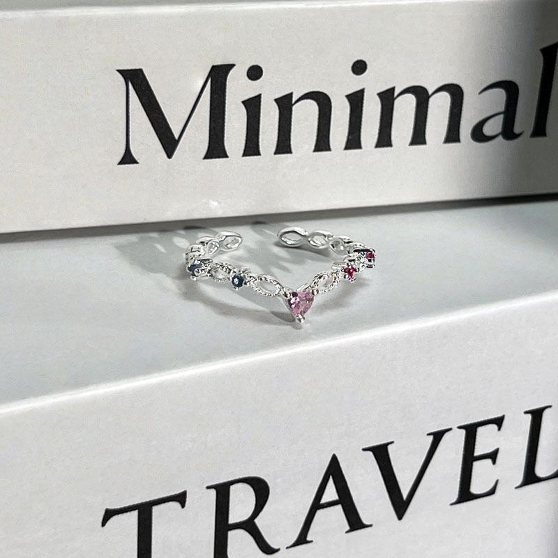 

2026 Pink Diamond Twisted Branches Ins Cold Wind Colored Diamond Lace Hollow Personality Opening Ring Female Delicate Stacking Sweet Ring Resizable