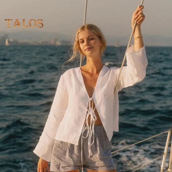 Damen-Shirt mit V-Ausschnitt, langen Ärmeln, lockere Passform, einfarbig, Sommer-Shirt mit Schnürung und Schleife, Strickjacke, Oberteil mit Bindeverschluss