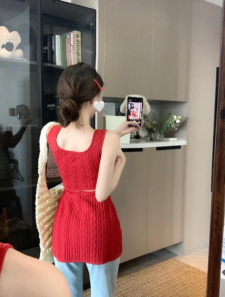 Korean Style Lace Knit Slim-Fit Vest Blouse for Women - Summer Casual Solid Color Pullover