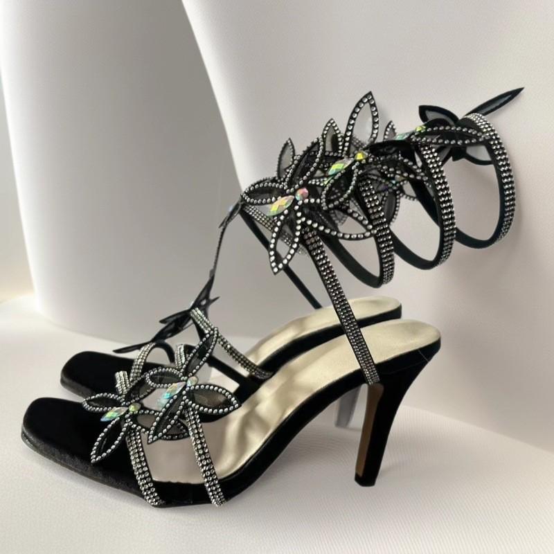 New French temperament rhinestone bow high heels square head thin heel sexy winding belt sandals European and American