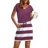 Women's Summer V-Neck Casual Short Sleeve Drawstring With Pocket Striped Patchwork Dresses