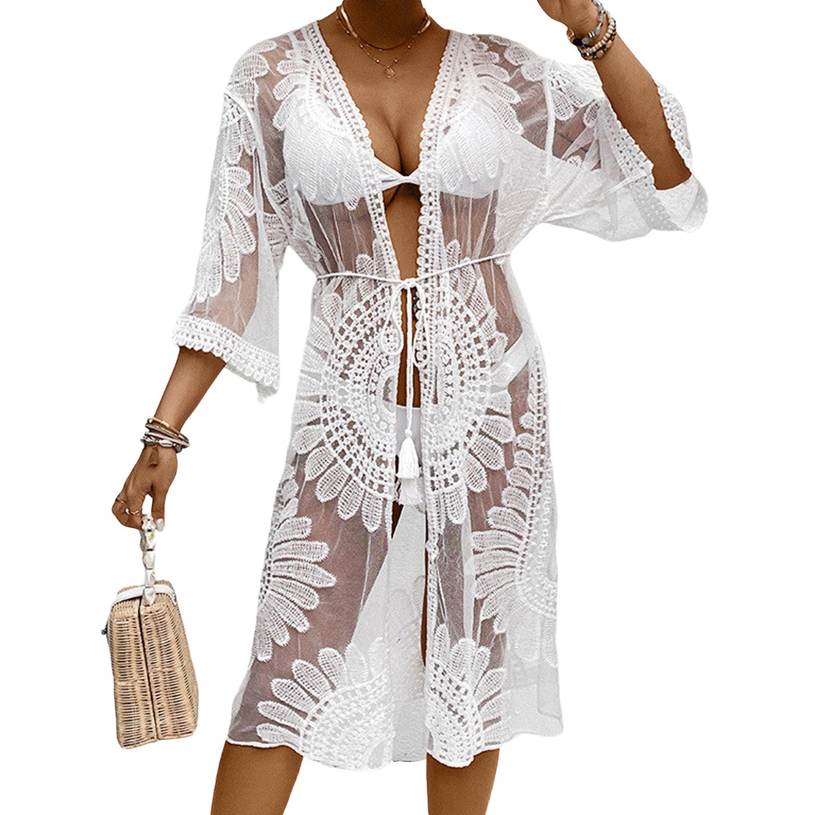 

Женское бикини, накидка с цветочной вышивкой, прозрачное кружевное пляжное кимоно для купальника, купального костюма, летней одежды One Size белый