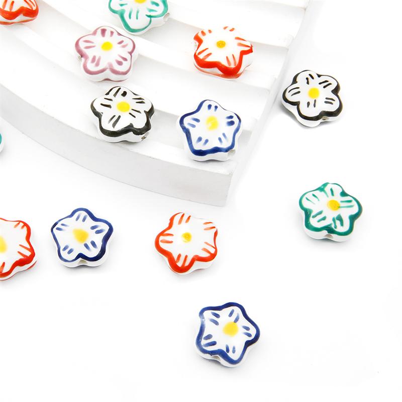 2 Stück/Beutel, handbemalt, 15 mm, Keramik-Porzellan-Blumenperlen, Charm, lose Distanzperlen für Halskette, Ohrringe, DIY-Schmuck, Basteln