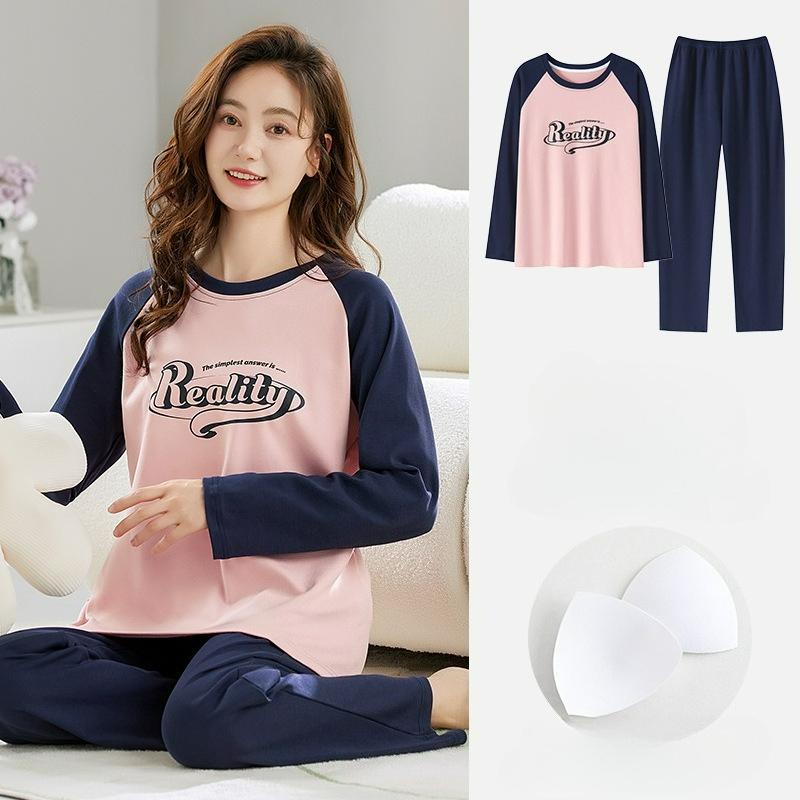 Pajamas with Chest Pads, Women's Autumn and Winter Long-sleeved Cotton, Cute and Casual, Can Be Worn Outside Home Service Suits