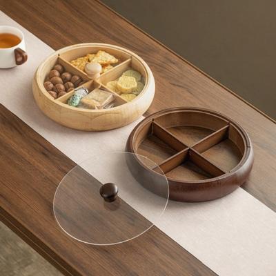 Desktop Organizer 4-Compartment Snack Serving Trays Wooden Round Fruit Tray Chinese Retro Snack Organizer Box Party Serving