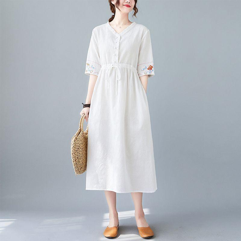 Summer New Fashion Vestidos Women Casual Elegant Cotton Ramie Embroidery Loose Plus Size Vintage Beach Midi Dress M-2XL