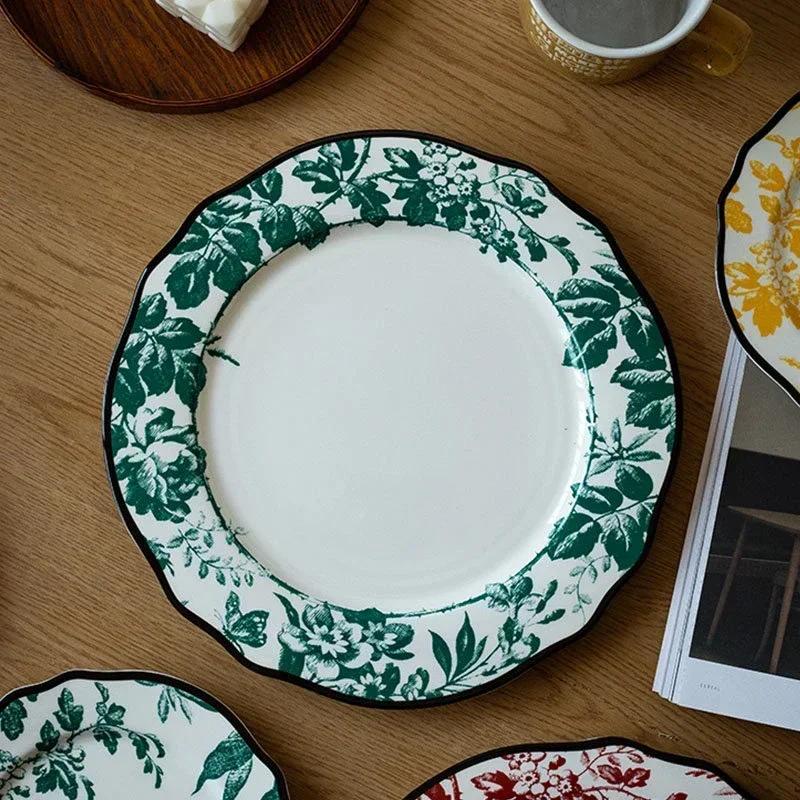 Keramikteller im europäischen Stil, Vintage, üppiger Blumendruck, westliches Essen, Speiseteller, Nachmittagstee, Dessertteller, Geschirr
