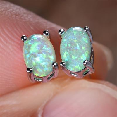 White Blue Green Opal Oval Stone Small Stud Earrings For Women Boho Silver Color Wedding Jewelry Bridal Engagement Gifts