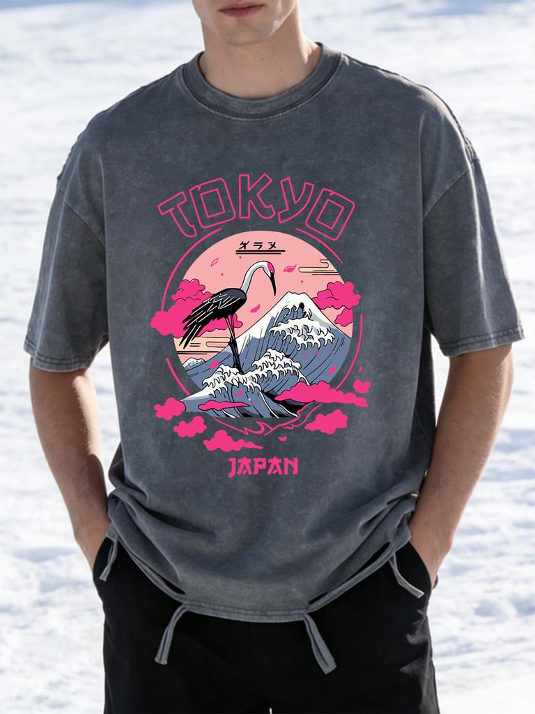 Tokyo Japan Crane Waves Prints Washed TShirts Womens Cotton Oversize T Shirt Summer ONeck Short Sleeve Tops Casual Clothes