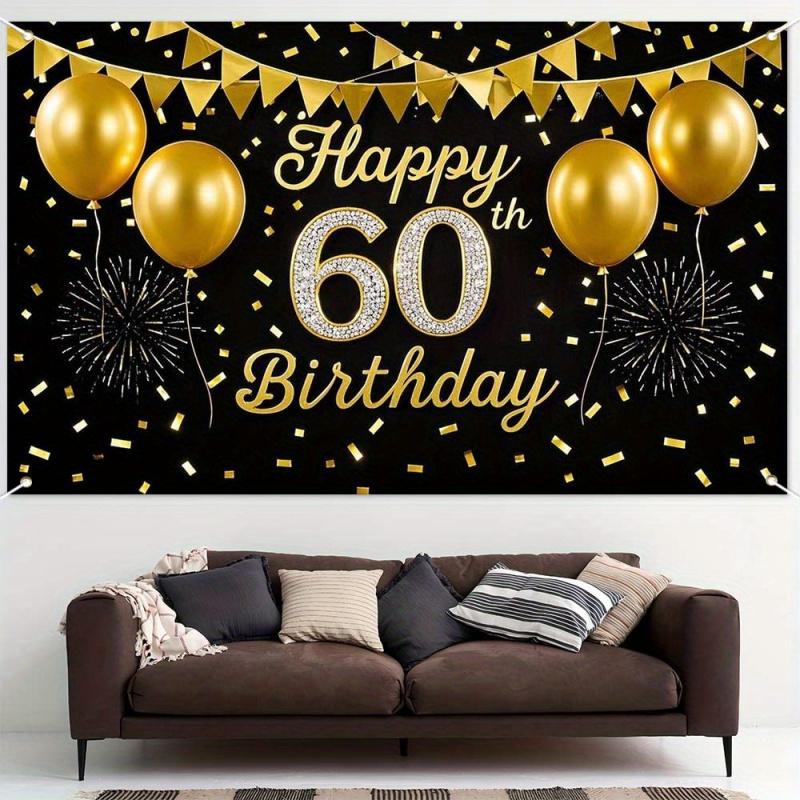 Elegant Black and Gold 60th Birthday Banner - Sparkling Anniversary Party & Photo Booth Decoration, wsj