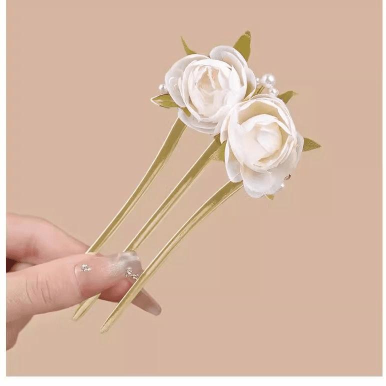 New Chinese Style Peony Beaded Three Teeth Hair Fork Vintage Elegant Bun Hair Accessories