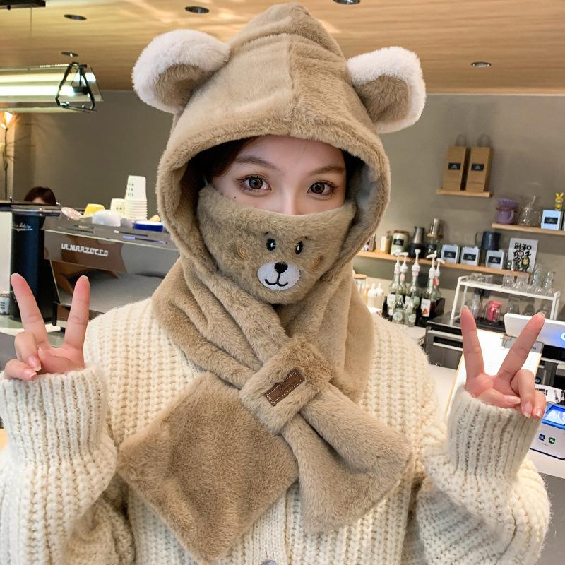 Winter bear ear-protecting hat and scarf combo for women, autumn and winter versatile cute hooded plush warm Korean style trendy