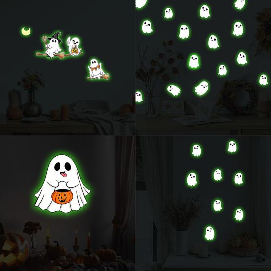Cartoon Ghost Party Decorations Halloween Glow-in-the-Dark Wall Stickers, Cute Pumpkin Decals, Waterproof PVC Window Clings Removable Art