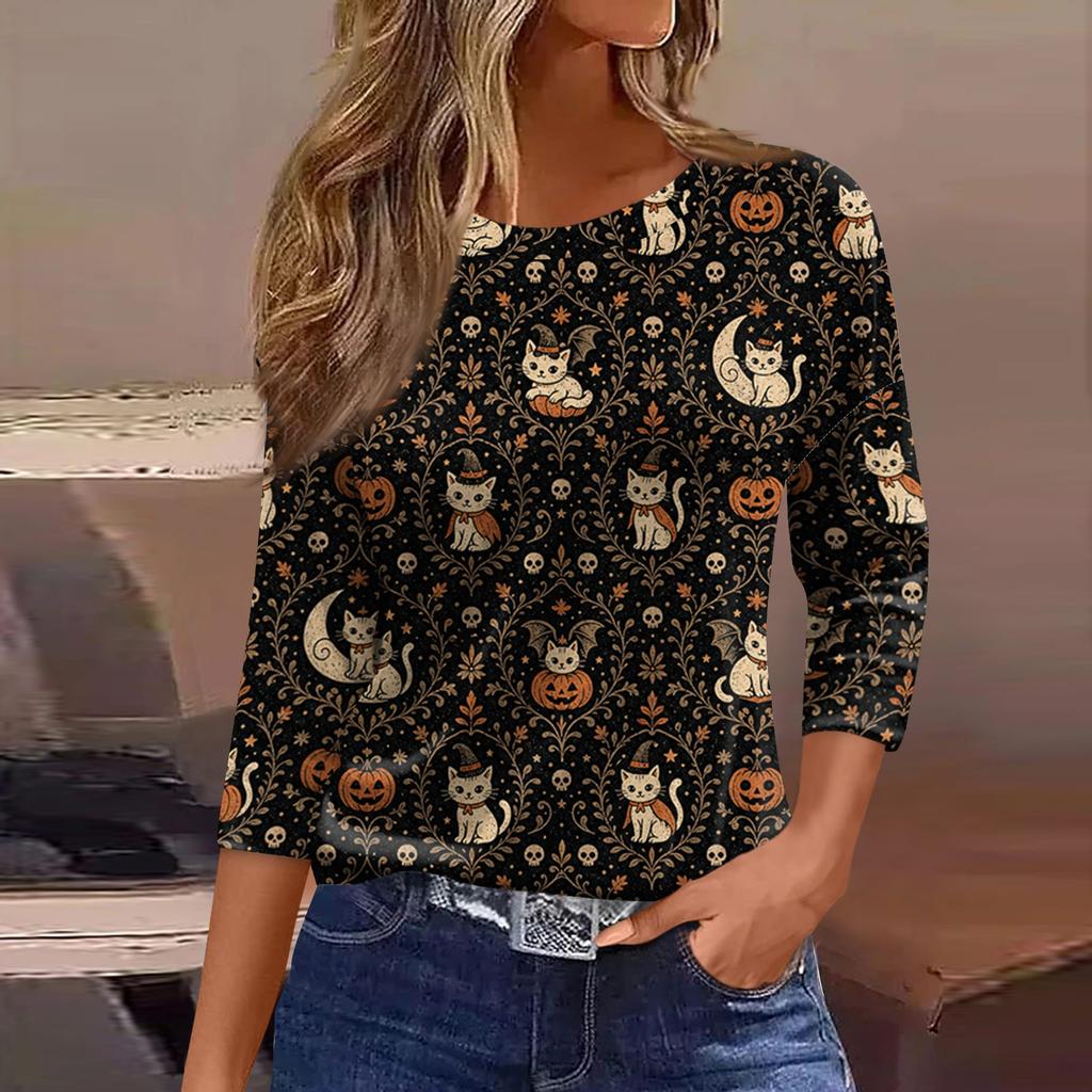 Women's Casual Three-Quarter Sleeve Round Neck Top with Halloween Print for Holiday Outfits