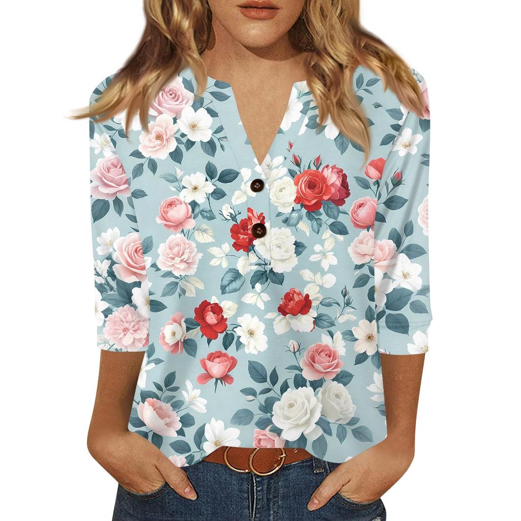 Women's T Shirt Print Button 3/4 Sleeve Daily Weekend Fashion Basic V- Neck Regular Top