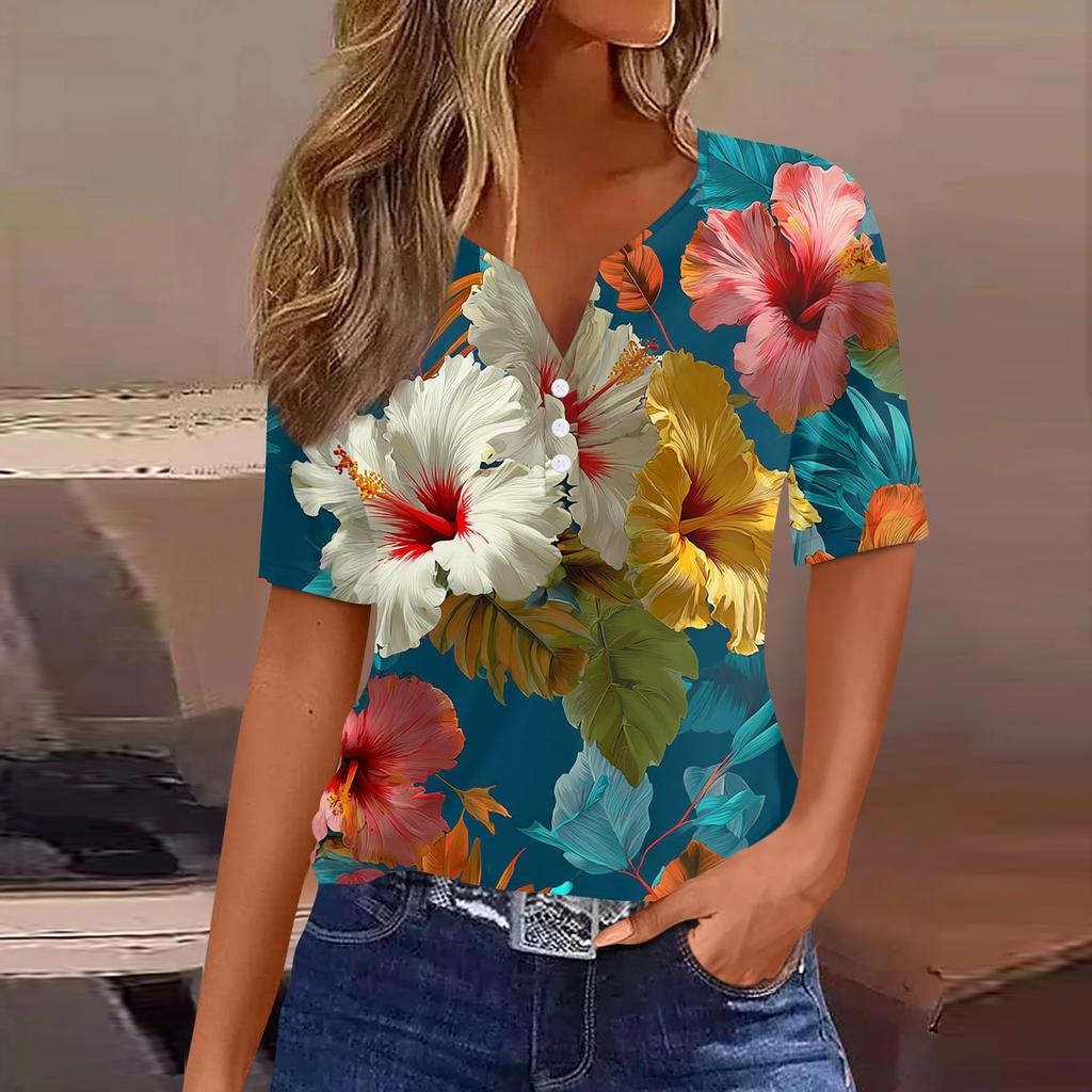 Women's fashionable casual Hawaiian print V-neck short-sleeved button-down T-shirt top